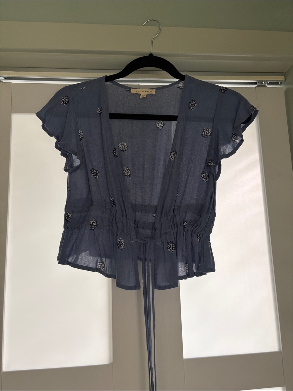 La Hearts Dusty Blue Embroidered Flutter Sleeve Top